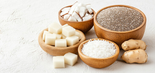 Natural ingredients including coconut, chia seeds, and ginger arranged in wooden bowls create vibrant display. Perfect for healthy recipes and cooking inspiration