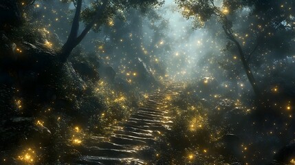 Fototapeta premium A mystical forest pathway illuminated by glowing orbs of light.