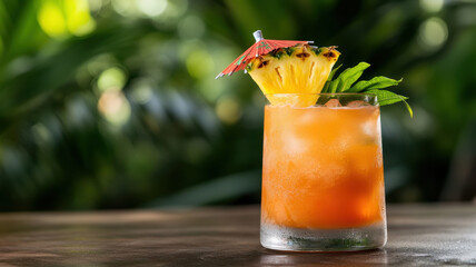 vibrant tropical cocktail garnished with pineapple slice and mint leaves, set against lush green background, evokes refreshing and exotic atmosphere