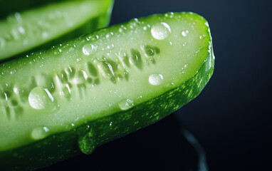 Fresh cucumber slice with water droplets, showcasing its vibrant green color and texture. macro shot highlights freshness and juiciness, perfect for culinary or health related themes