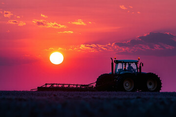 Fototapeta premium A farmer on tractor plowing a field at sunset. Agricultural article banner or agricultural marketing campaigns concept background with copy space