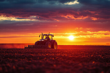 Fototapeta premium A farmer on tractor plowing a field at sunset. Agricultural article banner or agricultural marketing campaigns concept background with copy space