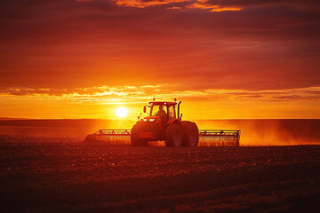 Fototapeta premium A farmer on tractor plowing a field at sunset. Agricultural article banner or agricultural marketing campaigns concept background with copy space
