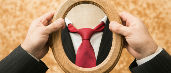 Young professional holding mirror reflecting suit and red tie, symbolizing confidence and self presentation. background adds warm touch to image