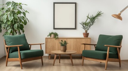 A stylish relax room interior featuring comfortable armchairs and a sideboard, with a mockup frame on the wall.