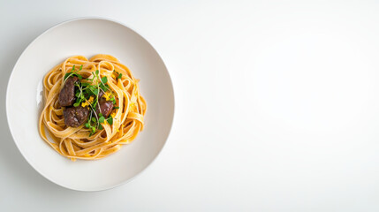 Delicious linguine with seared meat and fresh herbs on white plate