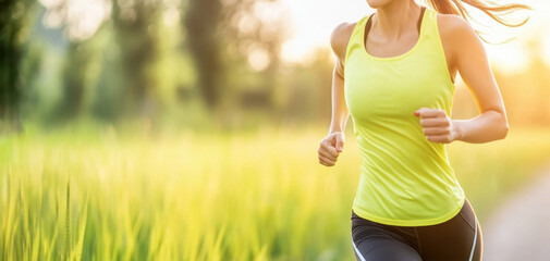 Young woman running through field of tall grass, enjoying fresh air and sunlight. vibrant green grass and warm sunlight create joyful atmosphere