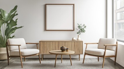 A stylish relax room interior featuring comfortable armchairs and a sideboard, with a mockup frame on the wall.
