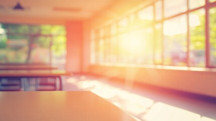 A softly lit classroom with tables, evoking a tranquil learning environment.