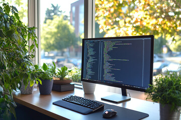 A modern workspace setting with a computer monitor displaying coding, a keyboard, mouse on a wooden desk with city view