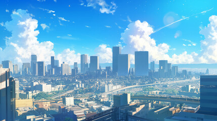 Obraz premium Bright Urban Skyline with Skyscrapers, Highways, and Clear Blue Sky - Stock Illustration