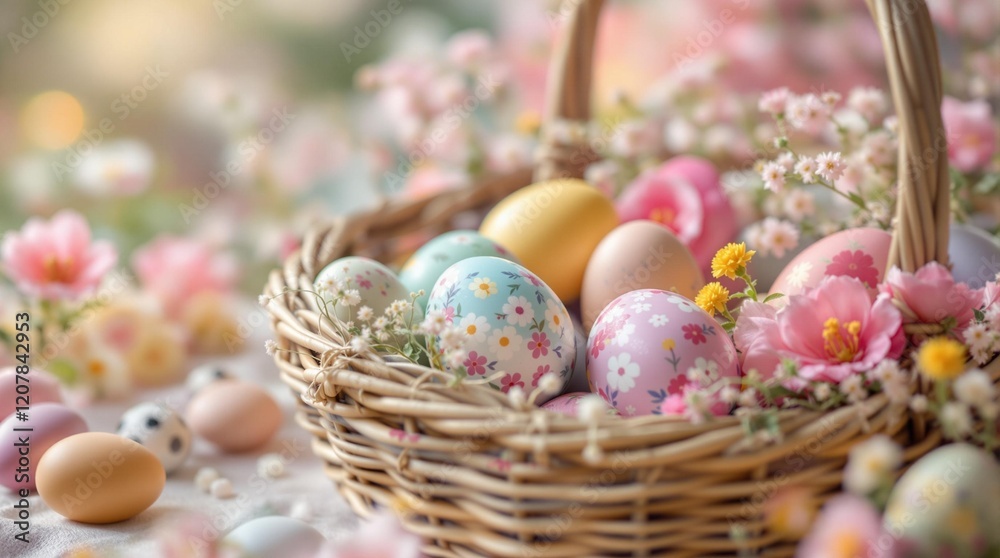 Poster a wicker basket filled with various easter eggs decorated in pastel colors, placed on a table surrou