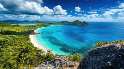 Fototapeta premium Tropical island beach aerial view, turquoise water, lush vegetation, sunny sky, travel brochure