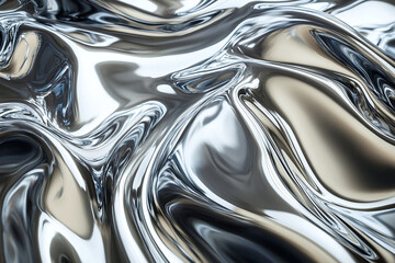 Dynamic silver liquid metal surface with swirls and reflective highlights. Holographic texture wave background