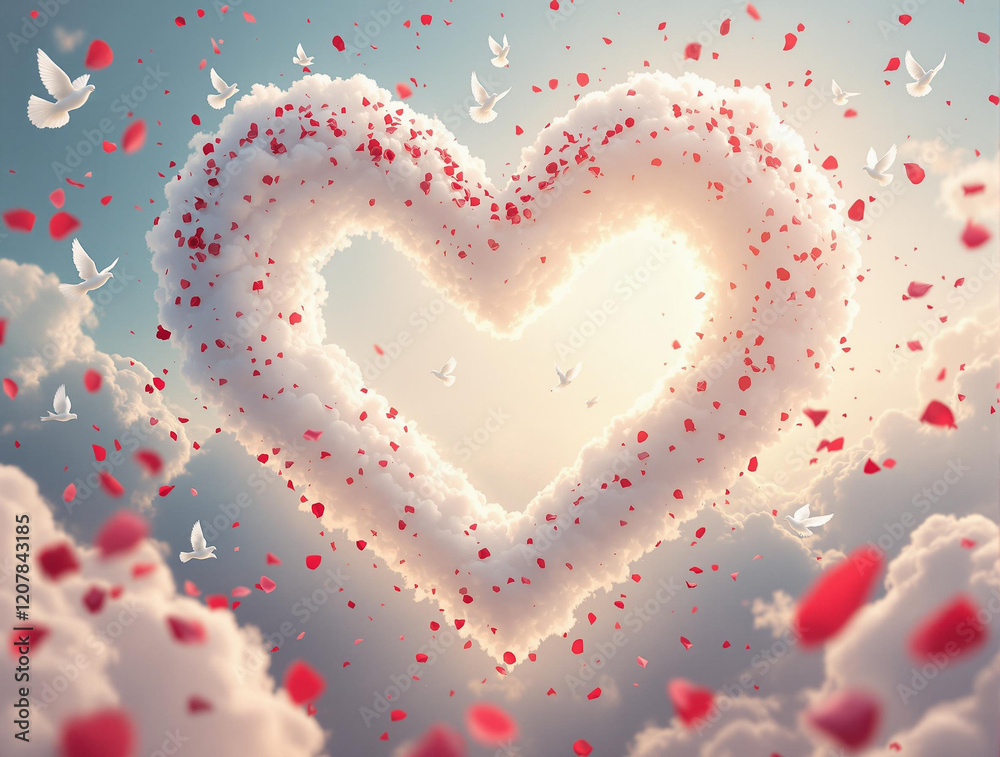 Aufkleber a heart-shaped cloud with red hearts floating around it, set against a background of white clouds an