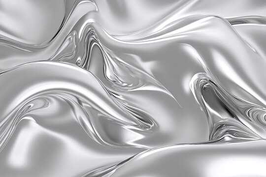 Dynamic silver liquid metal surface with swirls and reflective highlights. Holographic texture wave background