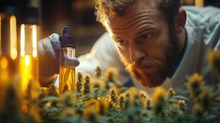 Scientist examining cannabis plants in a lab, focusing on oil extraction with glowing lab equipment