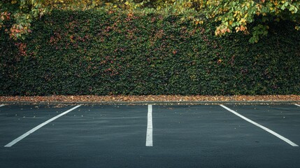 Empty parking lot with green hedge backdrop.