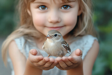 A young girl is holding a small bird in her hands. Girl safeguards a tiny bird in her palms. Animal protection concept 