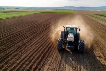 Fototapeta premium A powerful tractor sprays dust while navigating an extensive farmland, illustrating the vigorous energy involved in modern agricultural practices and the sweeping natural landscape.