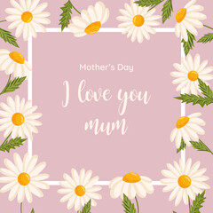 Mother's day greeting card. Vector frame with daisies. Chamomile floral illustration for congratulations or decor etc. Flowers for spring and summer holidays.