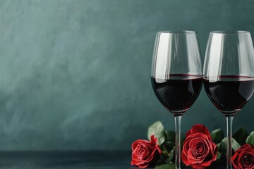 Two glasses of red wine and roses celebrating Valentine's Day