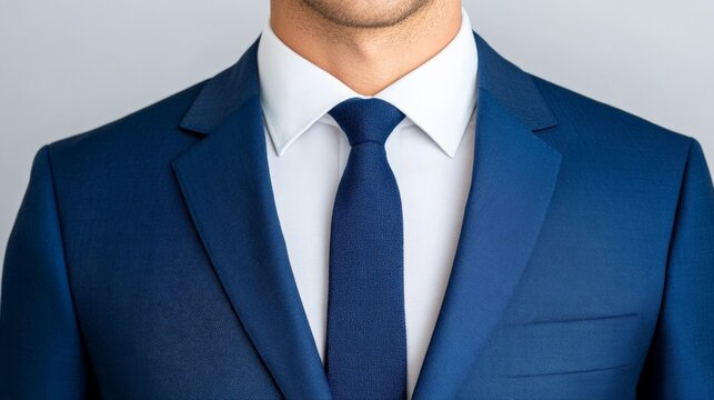 Navy Blue Suit Close-Up: A sophisticated close-up shot focusing on the crisp lines and rich navy blue color of a man's suit jacket, paired with a classic white shirt and a dark navy tie. - Powered by Adobe