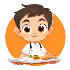 Cute boy holding lunch tray, cheerful expression, simple background, possible use for kids' menu design