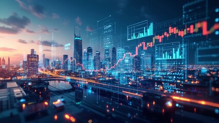 A futuristic skyline with digital graphs and financial icons projected into the air