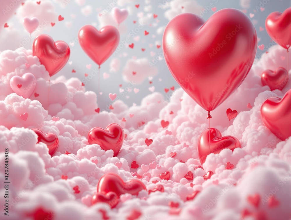 Poster a 3d rendering with heart-shaped balloons floating in the sky, surrounded by clouds. the overall bac