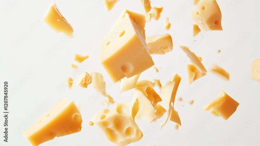 Poster Levitating pieces of delicious swiss cheese in various sizes float against a clean white background, creating a visually striking and appetizing arrangement perfect for culinary themes