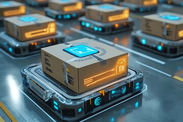 Obraz premium Warehouse in logistic center with Automated guided robotic vehicle as delivery goods and packages vehicle between shelfs