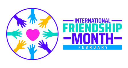 International Friendship Month background banner or poster design template. observed every year in February. Holiday concept. Use to any Template, card, poster, placard, template.