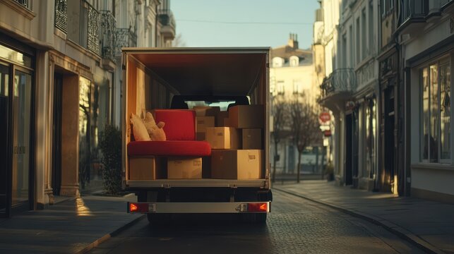 A truck loaded with furniture and boxes, representing a relocation and moving process.