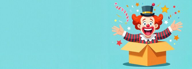 Clown celebrating joyfully from a box against a light blue background