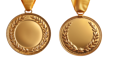 Highly detailed gold medals with laurel wreaths and polished reflective surfaces, ideal for award designs, sports achievements, or recognition events on transparent background