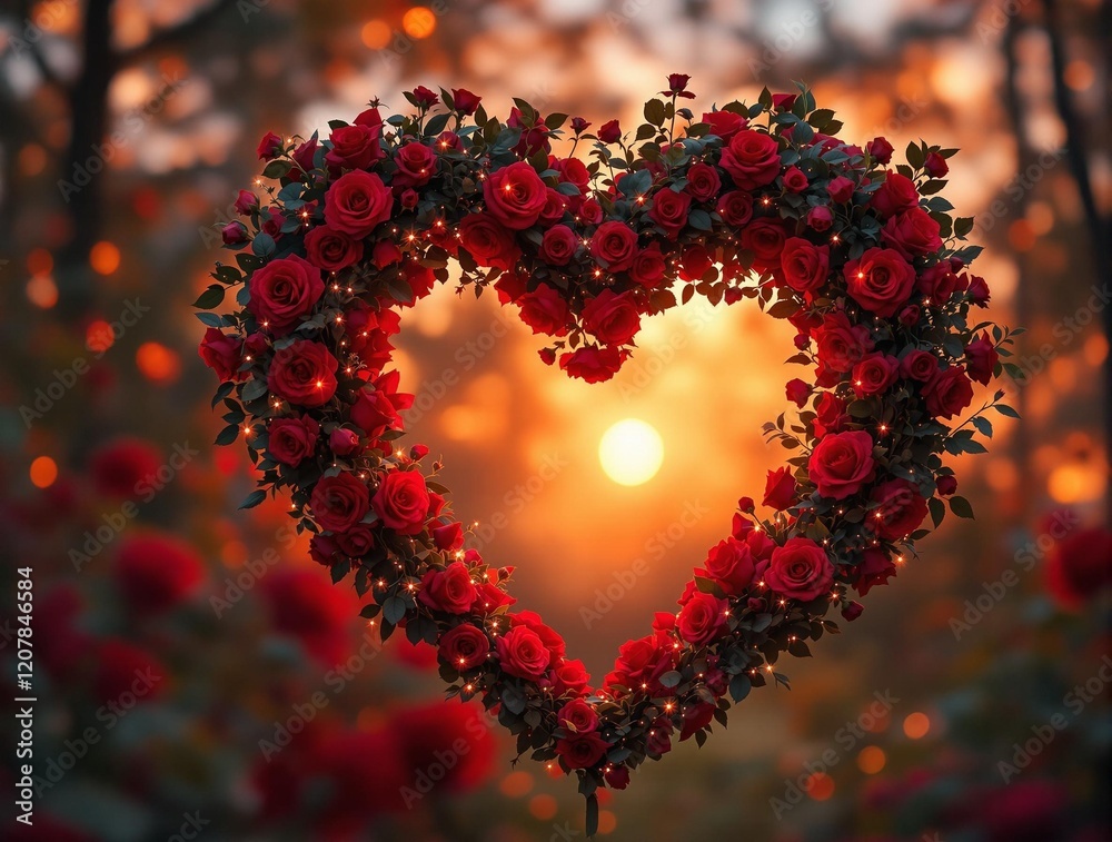 Poster a large heart-shaped arrangement of red flowers set against a blurred background of a sunset. the su
