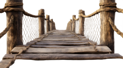  Wooden Bridge with Ropes and Posts Isolated on White Background