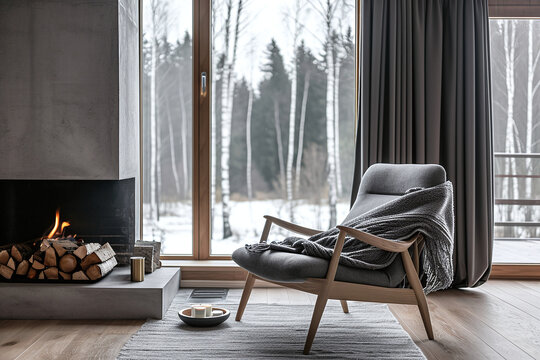 Minimalist home interior design of modern living room with grey fabric lounge chair in light interior with fireplace while snowing outside.	