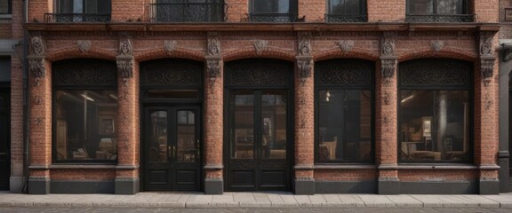 Fototapeta premium Brick and wood storefront with ornate details, old town, decorative trim