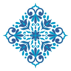 Symmetrical floral pattern blends azulejos, Gzhel, and Chinese porcelain styles. The diamond and mandala shapes and blue hues offer a vintage look for for home textiles.