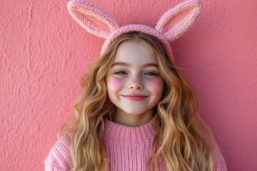 Adorable Child in Pink Sweater and Bunny Ears Headband Smiling Against a Soft Pink Background for Easter