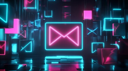 Neon email symbol in futuristic, abstract digital space.