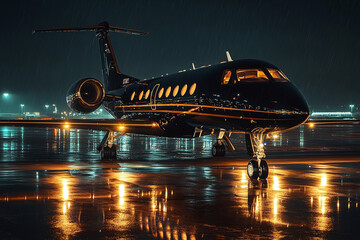 Luxurious black and gold private jet airplane parked at the airport at night. Exclusive traveling for VIP`s, millionaires and billionaires. Opulent lifestyle