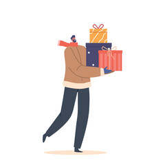 Happy Man with Christmas Giftboxes, Male Character Holding Presents for Winter Holidays, Festive Event Celebration