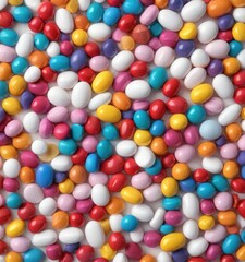 Fototapeta premium Brightly colored pills and vitamins arranged in a neat pile on a white background, healthy living, organic