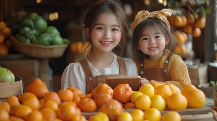 Sisters smiling, fruit market, tablet, citrus