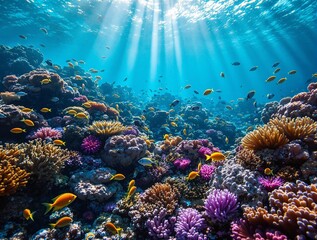 Naklejka premium a vibrant underwater scene with a coral reef, teeming with colorful fish and various types of coral, all illuminated by sunlight filtering through the water.