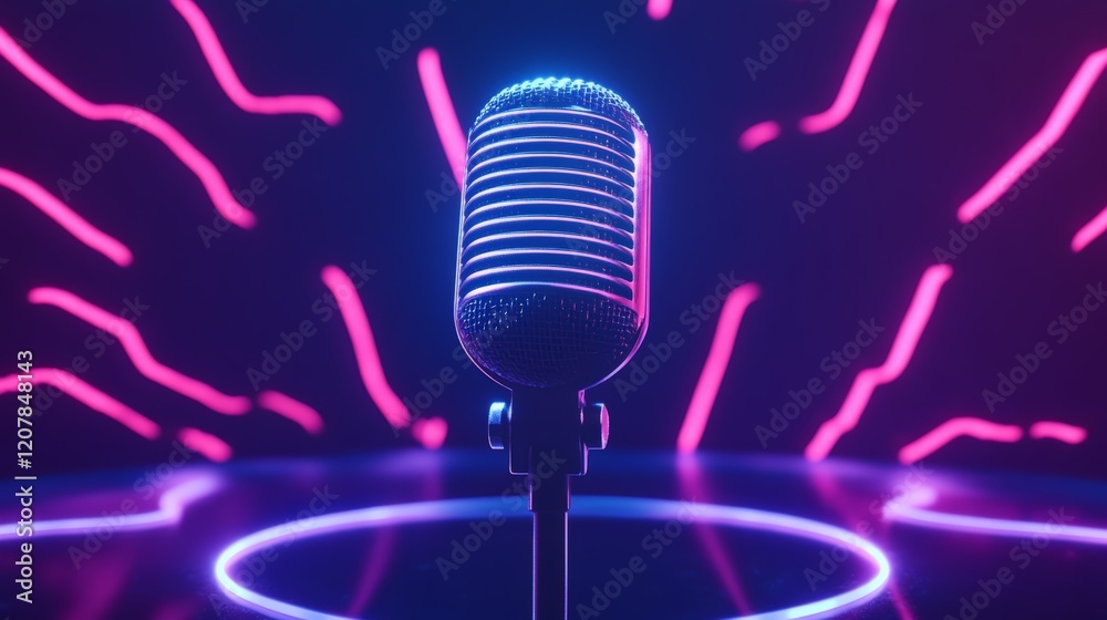 Poster vintage microphone stands on a stage, illuminated by vibrant neon lights, creating a captivating atm