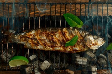 Grilled Fish   An image of a fish placed on a grill with smoke and coals.